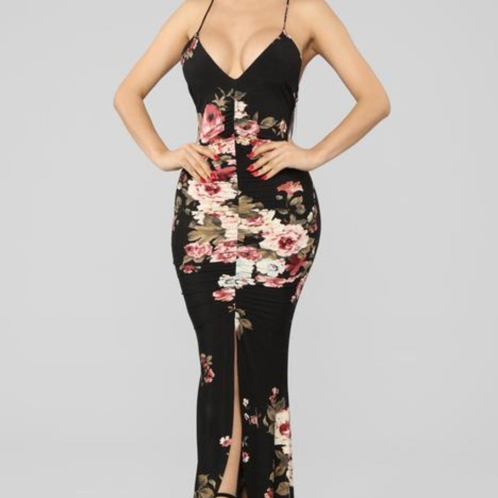 Chasing Waterfalls Ruched Maxi Dress - Black/Multi